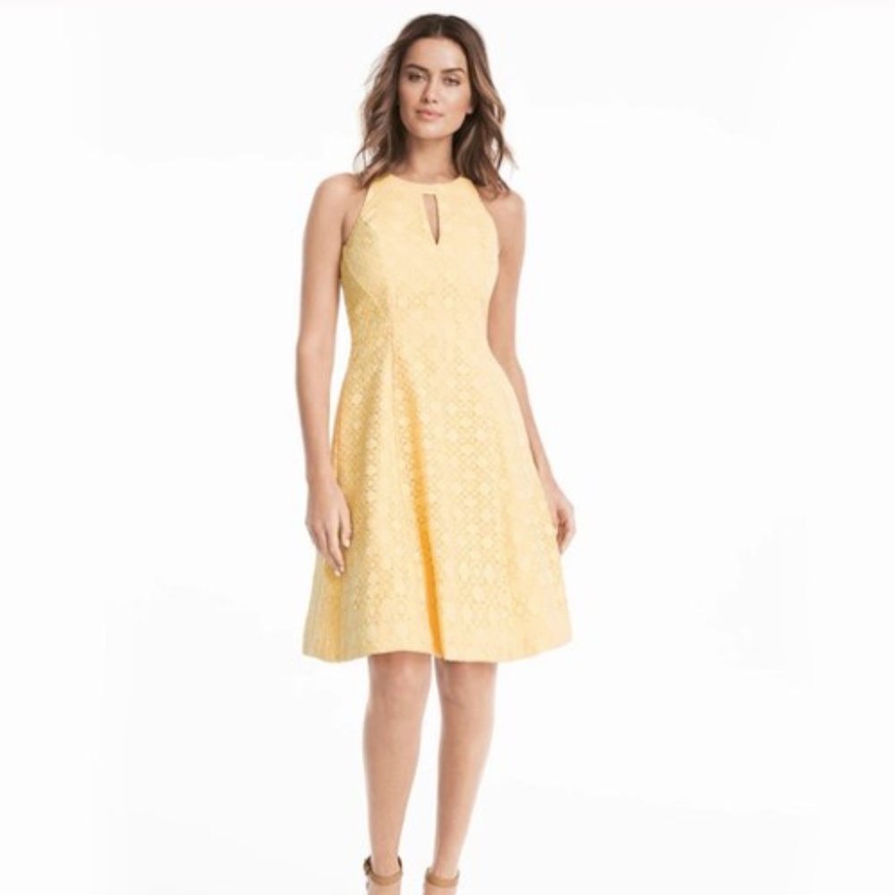 WHBM with POCKETS! $160 Lace Halter A-Line Dress Eyelet Yellow 16